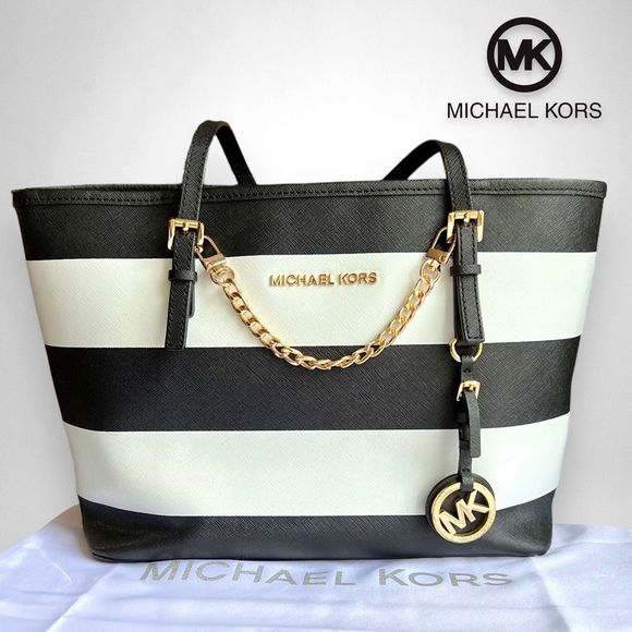 Michael Kors Handbags - Michael Kors Jet Set Black & White Striped Saffiano Medium Tote Bag $398